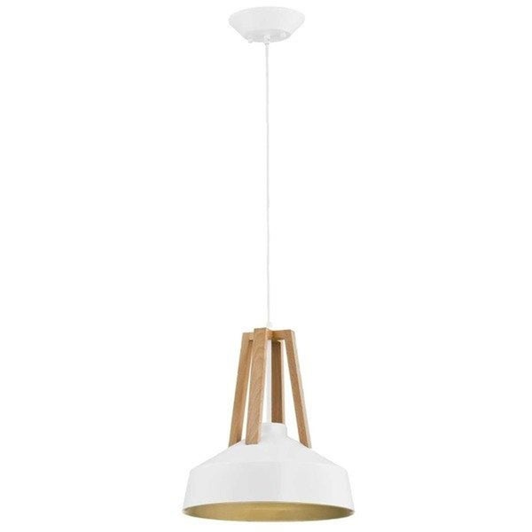 Moderne Pendelleuchte mit Metallschiirm und Holzelementen zur Deckenbeleuchtung