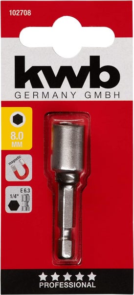 kwb Magnetische 8 mm Bit-Stecknuss Professional aus TQ 60-Stahl (Antrieb: 1/4 Zoll EQ 6.3 Sechskantschaft, ISO 1173, für Außen-Sechskantschrauben