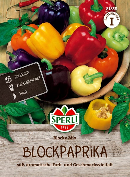 Samenpaket Blockpaprika Blocky Mix von Sperli für den Anbau von milden Paprika verschiedener Farben, geeignet für Kübel und Freiland.
