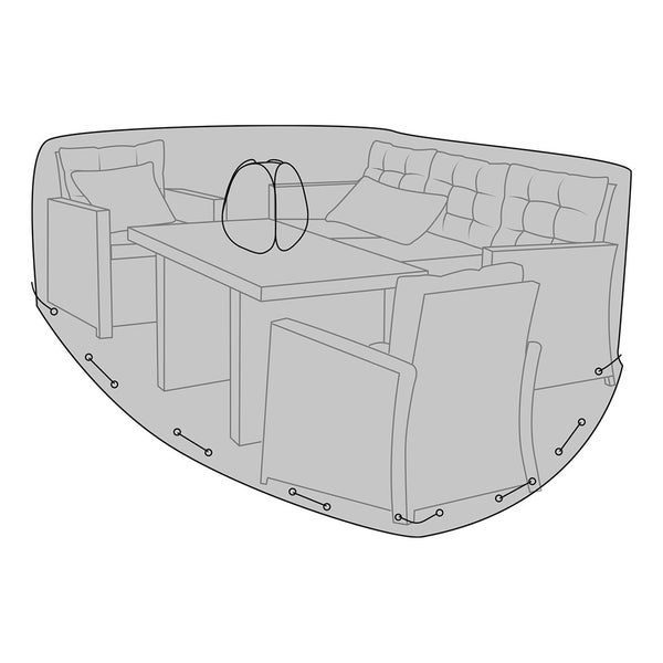Schutzhülle für Garten-Lounge-Sets mit Pop-up-Abstandshalter zur Vermeidung von Staunässe, inklusive Befestigungskordel und Ösen.