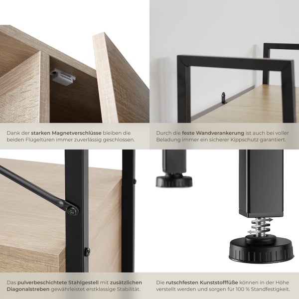 Detailansichten eines Regals mit Magnetverschlüssen, Wandbefestigung, Stahlrahmen und verstellbaren Füßen