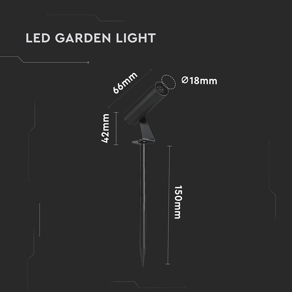 LED-Gartenleuchte mit Erdspieß, Durchmesser 18 Millimeter, Länge 66 Millimeter, Spießlänge 150 Millimeter.