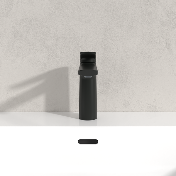Villeroy & Boch Oasis Waschtischarmatur, Wasserhahn Bad mit Zugstange und Keramikkartusche, Waschbeckenarmatur wassersparend, Auslauf Höhe 114mm, rund, Matt Black