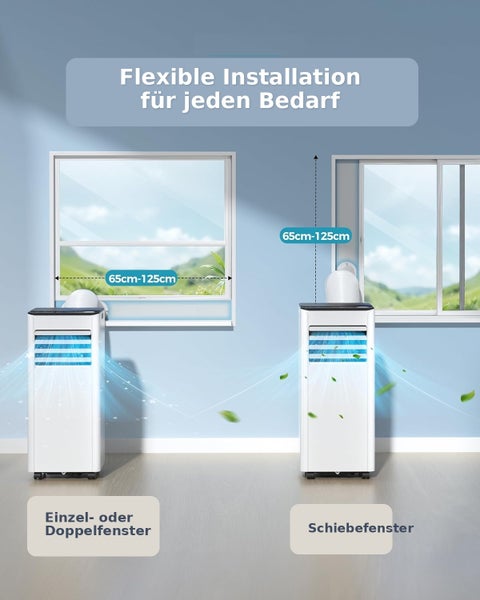 Mobiles Klimagerät mit Fensterabdichtung für Standardfenster und Schiebefenster, verstellbar von 65 bis 125 Zentimeter.