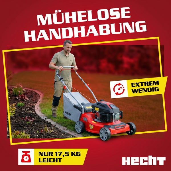 Ein Mann beim Rasenmähen mit einem Hecht Benzinrasenmäher. Der Rasenmäher ist wendig und wiegt 17,5 Kilogramm. Hecht Logo.