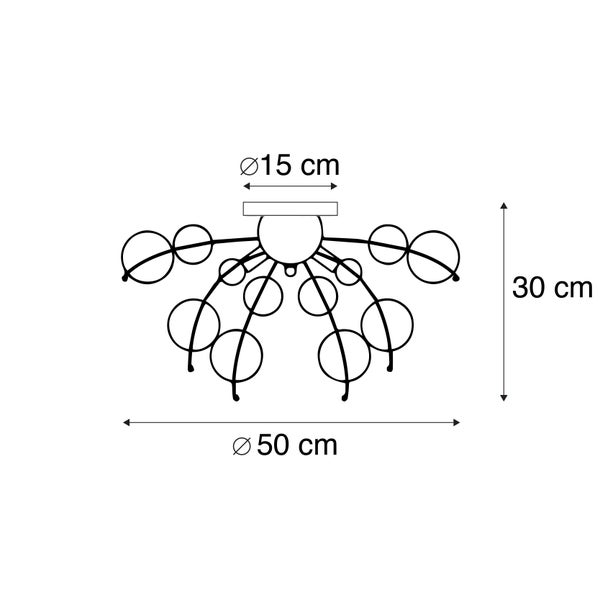 Technische Zeichnung einer Deckenleuchte mit den Maßen Durchmesser 15 Zentimeter, 30 Zentimeter Höhe und Durchmesser 50 Zentimeter.