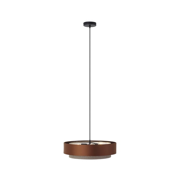 Moderne Pendelleuchte mit flachem, kreisförmigem Schirm aus braunem Metall und grauem Stoff an schwarzem Kabel.