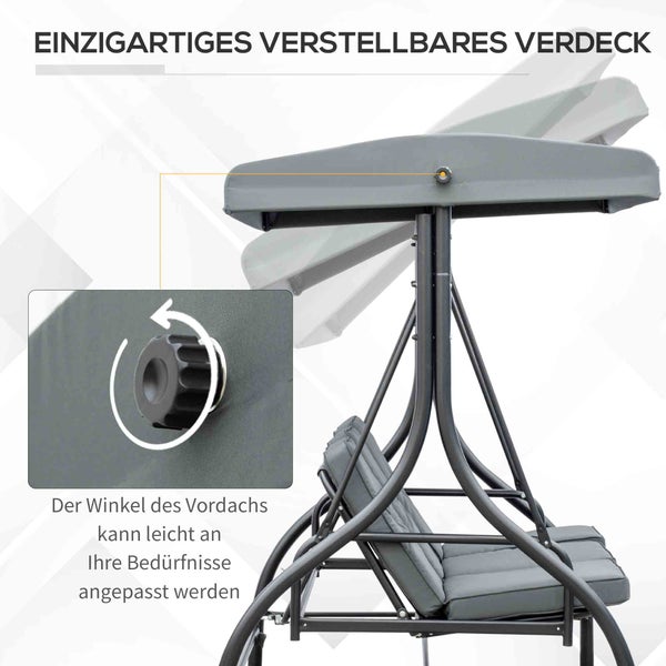 Hollywoodschaukel mit verstellbarem Sonnendach und Detailansicht des Drehknopfs zur Anpassung des Neigungswinkels.