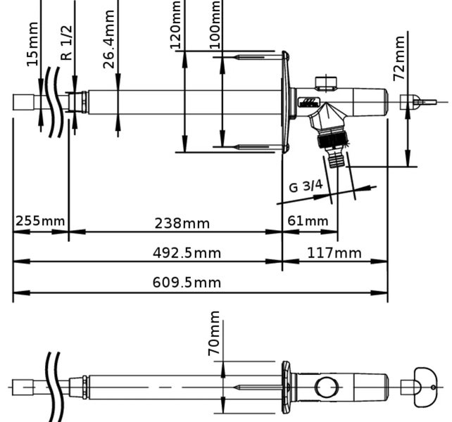 Maßzeichnung einer frostfesten Außenarmatur mit detaillierten Millimeterangaben für Rohrlänge, Durchmesser und Anschlüsse.