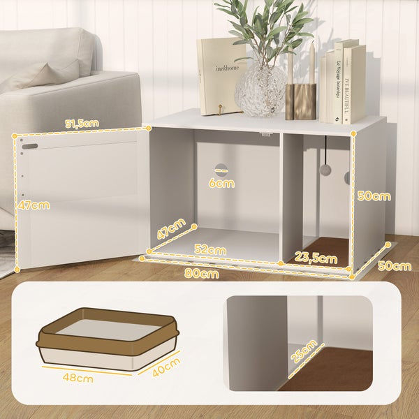 PawHut Katzenklo-Schrank Katzenschrank mit Loch, Katzentoilette mit Tür, Eingang, Kratzpad, Katzenklo Schrank für Katze unter 6 kg, 80 x 50 x 50 cm, Indoor, Weiß