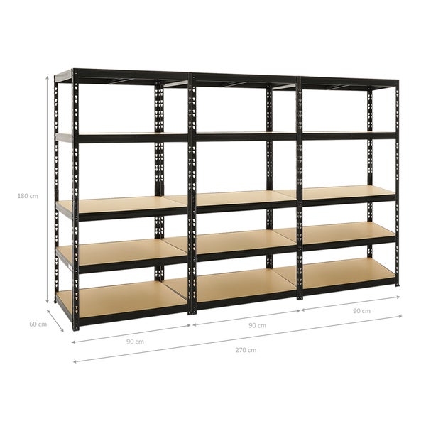 PROREGAL Mega Deal 3x Schwerlastregal Tiger HxBxT 180 x 90 x 60 cm Fachlast 265 kg 5-Ebenen Schwarz