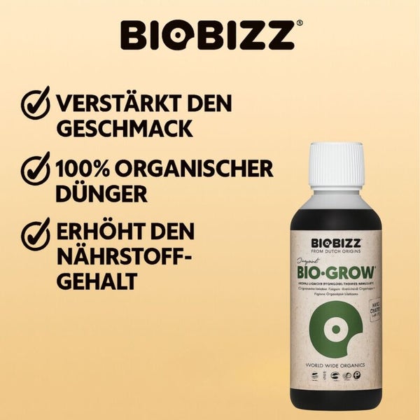 Biobizz Logo, Bio-Grow organischer Flüssigdünger verstärkt den Geschmack und erhöht den Nährstoffgehalt, 100 Prozent organisch.