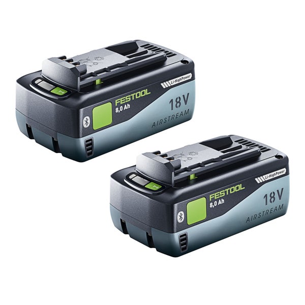 Zwei Festool 18 Volt Akku-Packs mit 8,0 Amperestunden Kapazität, Bluetooth-Funktion und Airstream-Technologie.