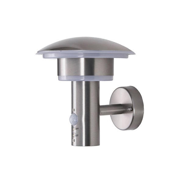 Außenwandleuchte aus Edelstahl mit Bewegungsmelder und pilzförmigem Schirm.