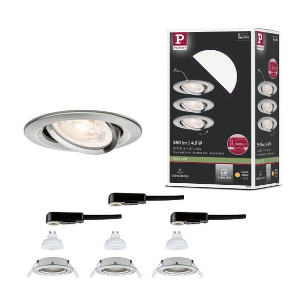 Paulmann Nova LED Einbaustrahler 3er Set, Eisen gebürstet, schwenkbar, GU10, 550 Lumen, 3-stufig dimmbar, warmweiß.