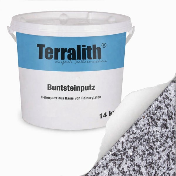 Terralith Buntsteinputz Dekinputz auf Basis von Reincrylaten 14 Kilogramm mit Strukturbeispiel.
