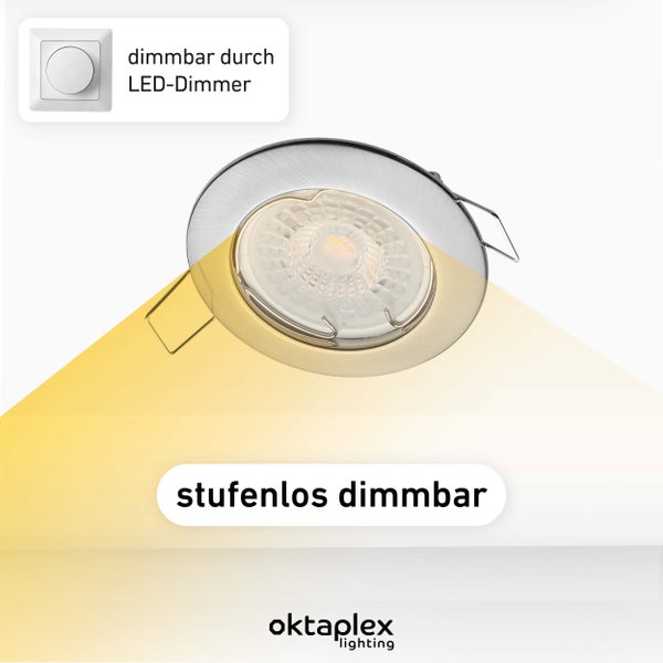 Oktaplex Lighting 3er Set LED Einbaustrahler 230V - Stufenlos dimmbar - 5W 3000K 380lm Warmweiß 110° - Deckenspot Edelstahl gebürstet Lochmaß 60mm