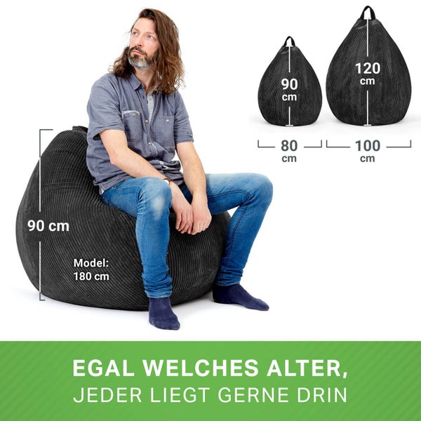 Green Bean Indoor Sitzsack 90x110cm EPS-Perlen Füllung & Cordstoff Kuschelig Weich Waschbar - Drinnen Bodenkissen Liegekissen Sitzkissen Sitzhocker Relax-Sessel Kinder Erwachsene Stoff Schwarz