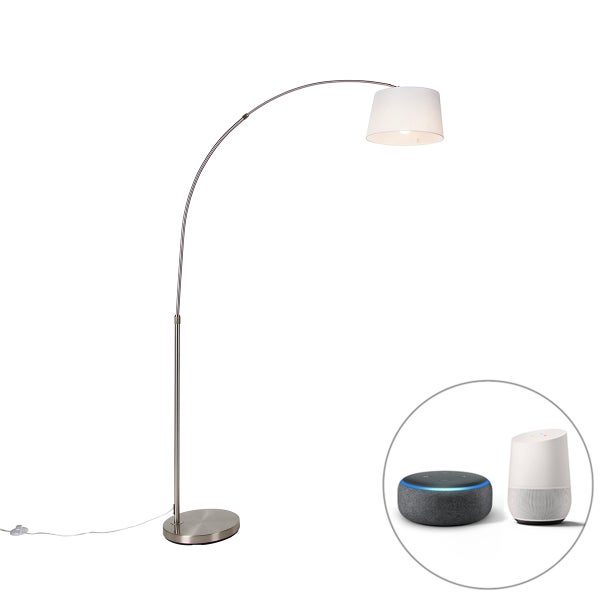 QAZQA - Modern Smarte Bogenlampe Stahl I Silber I nickel matt mit weißem Stoffschirm inkl. Wifi A60 - Arc Basic I Wohnzimmer - Stahl Rund - LED geeignet E27