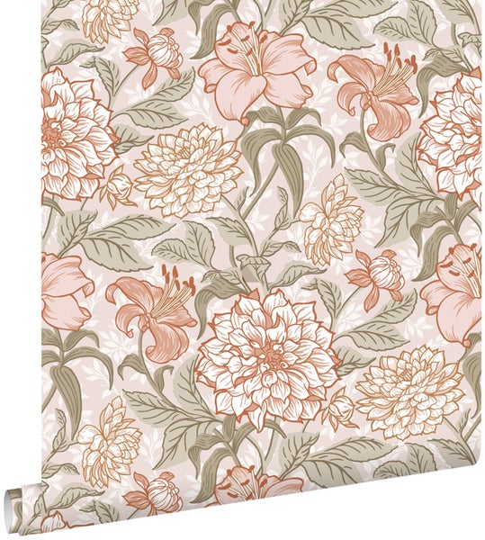 ESTAhome Tapete Blumenmuster Altrosa und Grün - 53 cm x 10.05 m - 139479