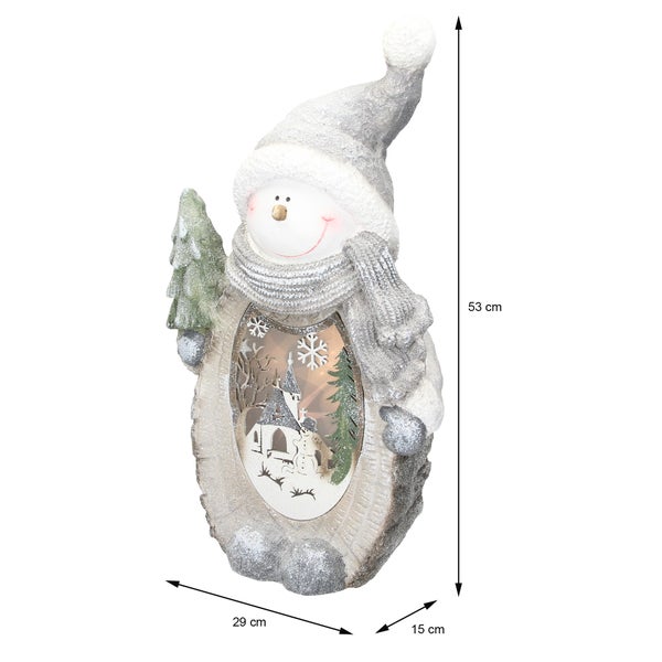 ECD Germany Schneemann Figur mit LED Beleuchtung 53 cm Warmweiß Weiß mit grauem Hut und Schal, Holzoptik, Batteriebetrieben, für Innen, LED-Weihnachtsdeko Weihnachtsfigur Weihnachten Tischdeko
