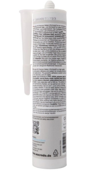 Kartusche mit MS-Polymer Kleber und Dichtstoff mit technischen Informationen auf dem Etikett und einer beigefügten Düse.