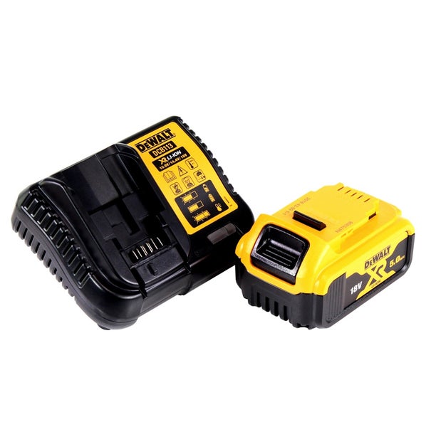 DeWalt Akku-Ladegerät DCB113 und DeWalt 18 Volt Lithium-Ionen-Akku mit 5 Amperestunden.