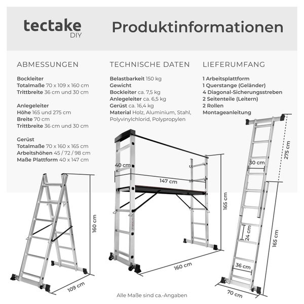 Produktinformationen zu Bockleiter, Anlegeleiter und Gerüst mit Maßangaben