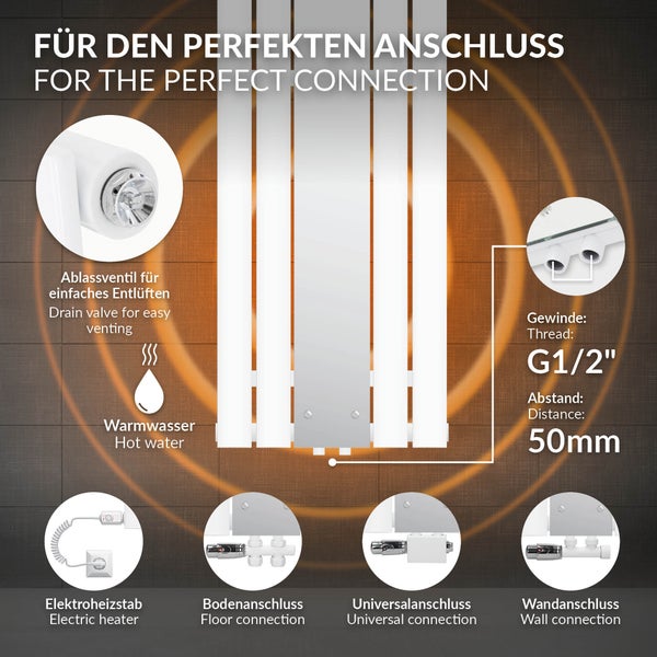LuxeBath Badheizkörper Flach 1600 x 450 mm Weiß mit Spiegel, Design Paneelheizkörper Mittelanschluss Heizung, Flachheizkörper Vertikal Einlagig, Spiegelheizkörper Glasheizkörper, inkl. Montage-Set