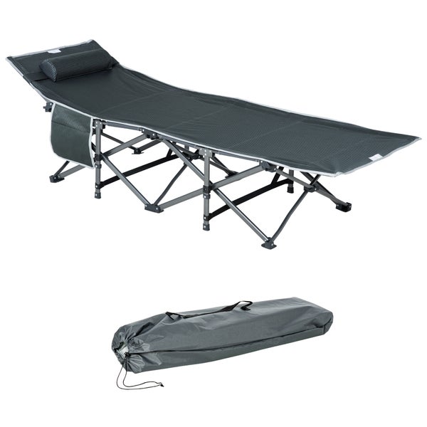 Outsunny Campingbett klappbar Feldbett Klappbett mit Kopfkissen Seitentasche Matratze Gästebett bis 150 kg belastbar Reisen Outdoor Oxford Grau 188 x 64,5 x 53 cm