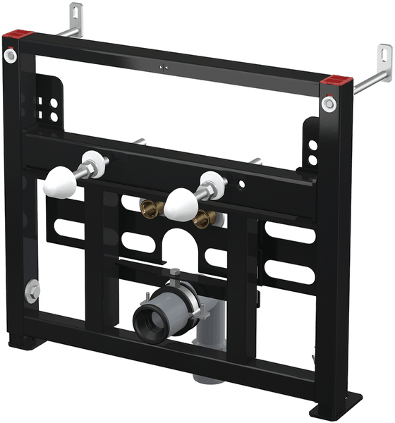 Vorwandelement für Bidet aus schwarzem Metall mit verstellbaren Wandhalterungen und Wasseranschlüssen.