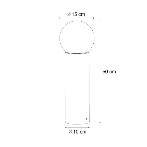 Technische Zeichnung einer Außenleuchte mit Maßen: Höhe 50 Zentimeter, Kugeldurchmesser 15 Zentimeter, Sockeldurchmesser 10 Zentimeter.