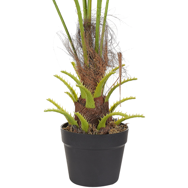 Künstliche Palme im schwarzen Topf mit detailgetreuem Stamm und grünen Blättern aus Kunststoff.