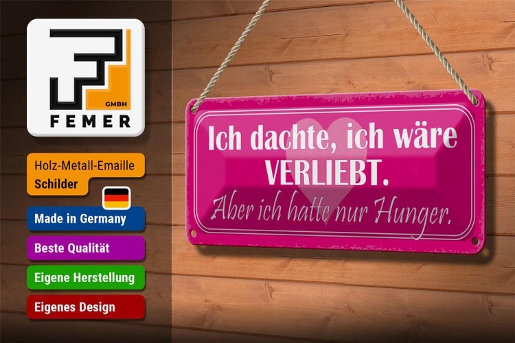 Blechschild Spruch 27x10cm dachte ich verliebt nur Hunger Dekoration