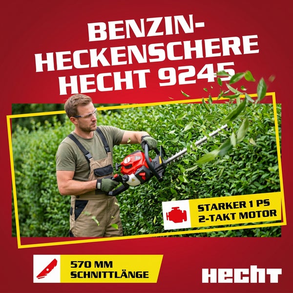 Benzin-Heckenschere Hecht 9245 im Einsatz beim Heckenschneiden, 1 PS 2-Takt-Motor und 570 mm Schnittlänge.