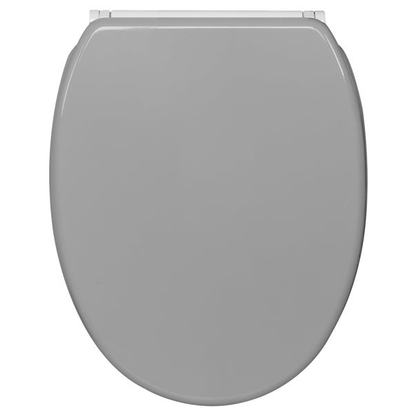 WC-Sitz aus Holzwerkstoff in Grau, ovale Form mit glänzender Oberfläche.
