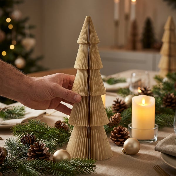 Eine Hand platziert einen dekorativen Weihnachtsbaum aus gefaltetem Papier als Tischdekoration auf einem festlich gedeckten Tisch mit Kerzen.