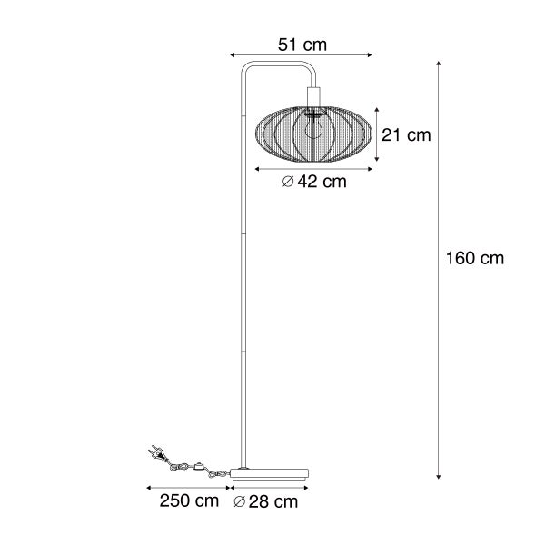 Maßzeichnung einer Stehleuchte: Höhe 160 Zentimeter, Tiefe 51 Zentimeter, Schirmdurchmesser 42 Zentimeter, Fußdurchmesser 28 Zentimeter.