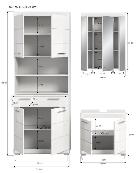 Weißes Badezimmermöbel-Set mit Maßangaben für Hochschrank, Spiegelschrank und Waschbeckenunterschrank.