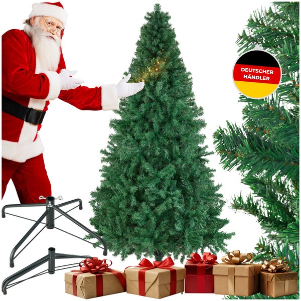 Künstlicher Weihnachtsbaum mit Ständer und Geschenkboxen, präsentiert von Weihnachtsmann.