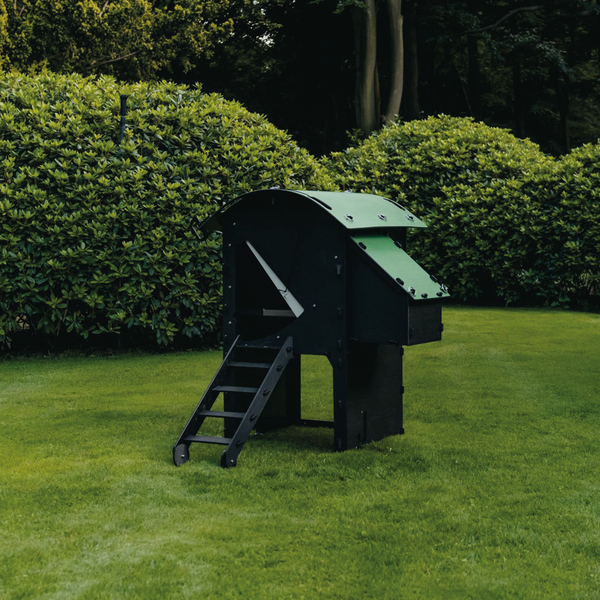 Erhöhter Hühnerstall aus Kunststoff mit Leiter und grünem Dach auf einer Rasenfläche in einem Garten.