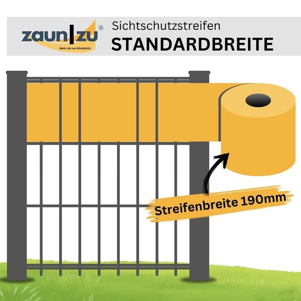 Zaun ZU Sichtschutzstreifen Standardbreite auf einem Zaun dargestellt
