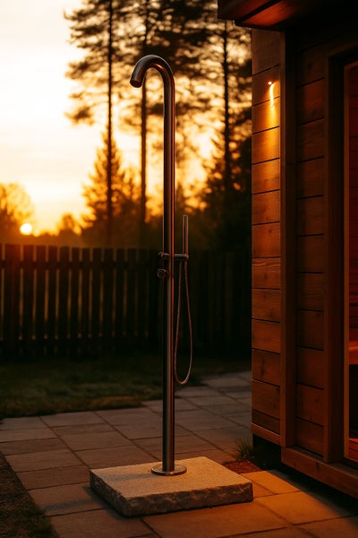 Moderne Gartendusche aus Edelstahl mit Handbrause auf einem Steinsockel im Außenbereich neben einem Holzhaus bei Sonnenuntergang.