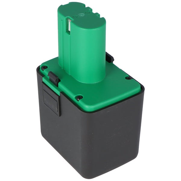 Ersatzakku für Elektrowerkzeuge mit grünem Oberteil und schwarzem Gehäuse.