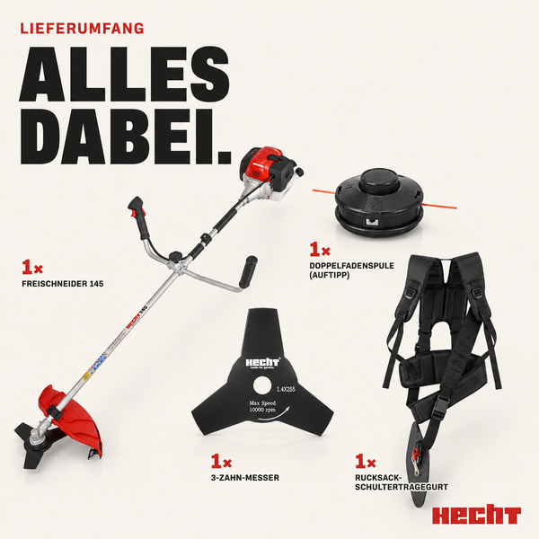 Lieferumfang des Hecht 145 Freischneiders inklusive 3-Zahn-Messer, Doppelfadenspule, Rucksack-Schultertragegurt und Hecht Logo.