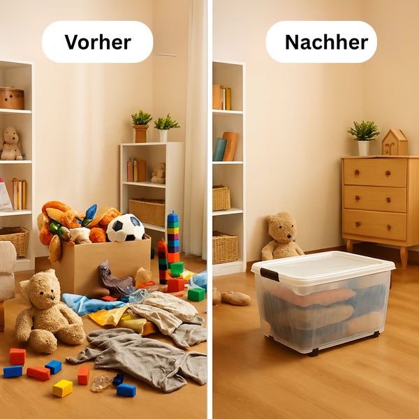 Vorher-nachher-Ansicht eines Kinderzimmers mit Spielzeug vor und nach der Organisation in einer Aufbewahrungsbox