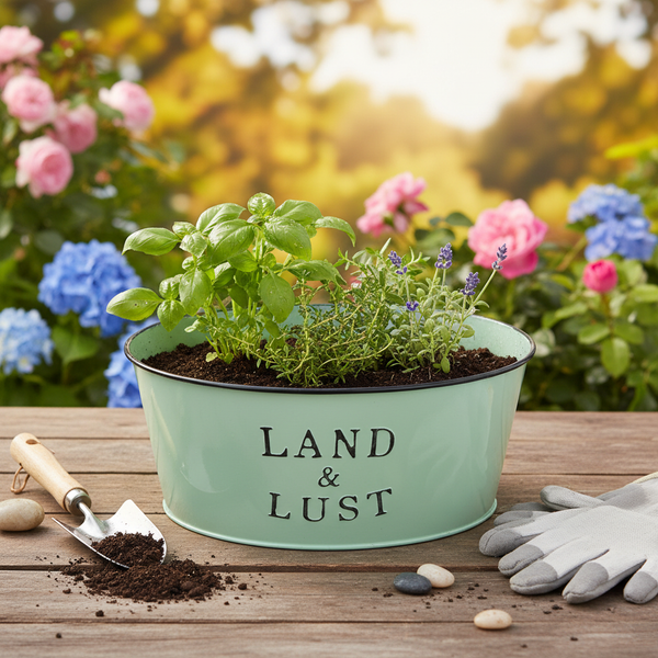 Mintgrüne Kräuterschale aus Metall mit Aufschrift Land und Lust, bepflanzt mit Basilikum und Lavendel auf einem Holztisch im hellen Garten.