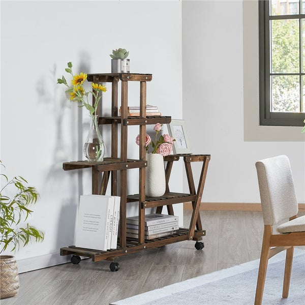 Pflanzenregal aus Holz mit mehreren Ebenen und Rollen