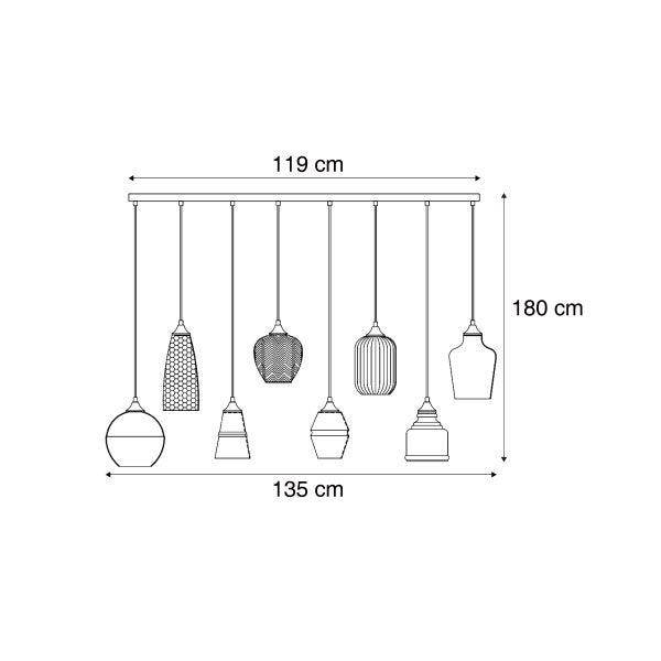 Skizze einer Pendelleuchte mit den Maßen 119 cm Breite, 135 cm Durchmesser und 180 cm Höhe