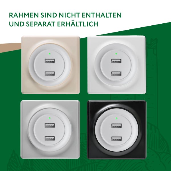 Vier USB Steckdosen Einsätze mit Kontrollleuchte, Rahmen nicht enthalten und separat erhältlich.